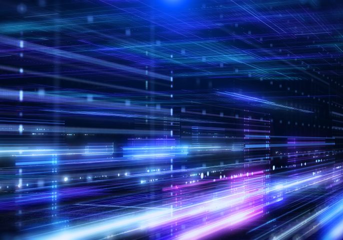 Abstract digital data streams with glowing blue and purple light lines.