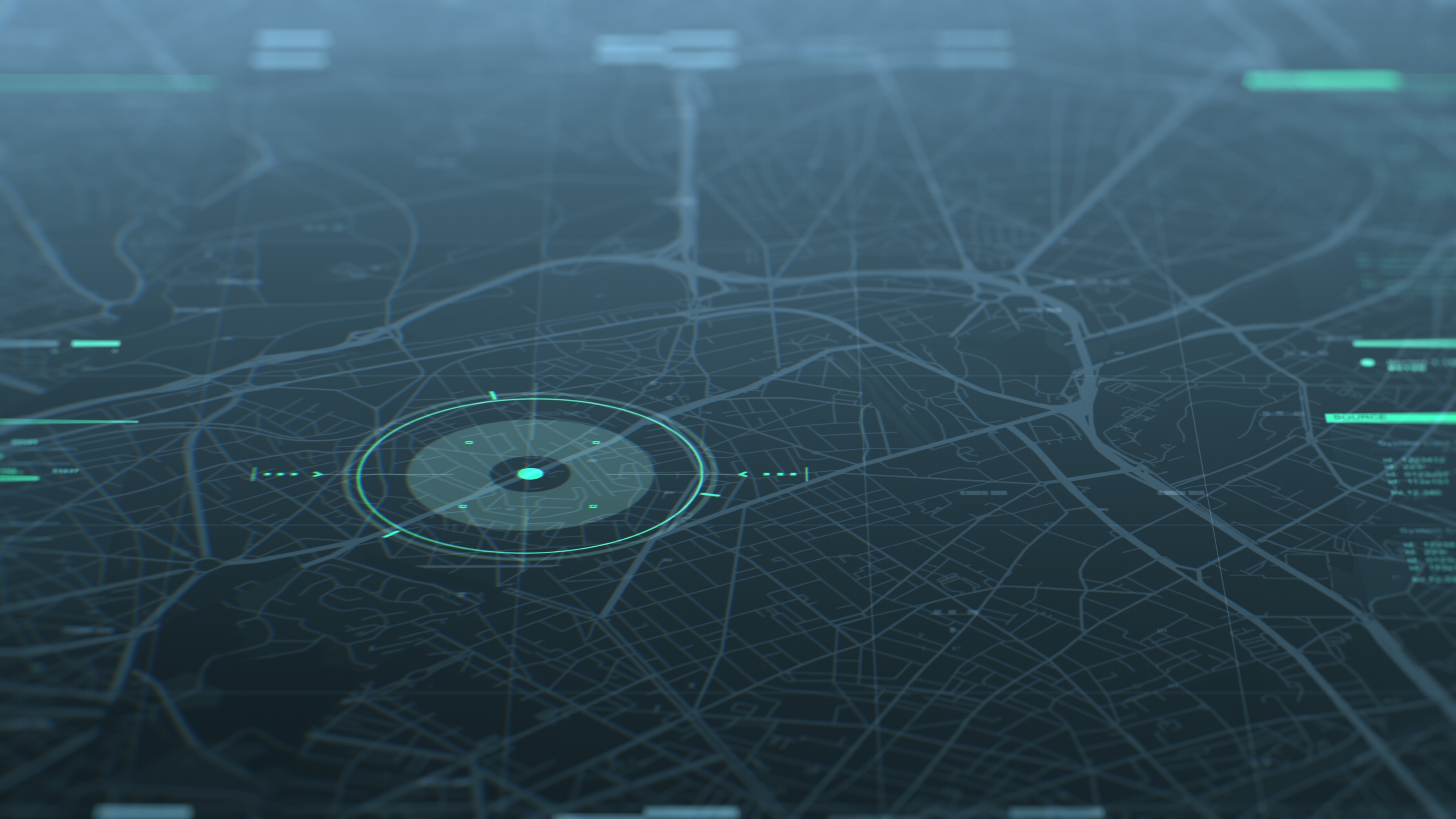 A futuristic digital map interface shows a glowing circular target and connected city streets.