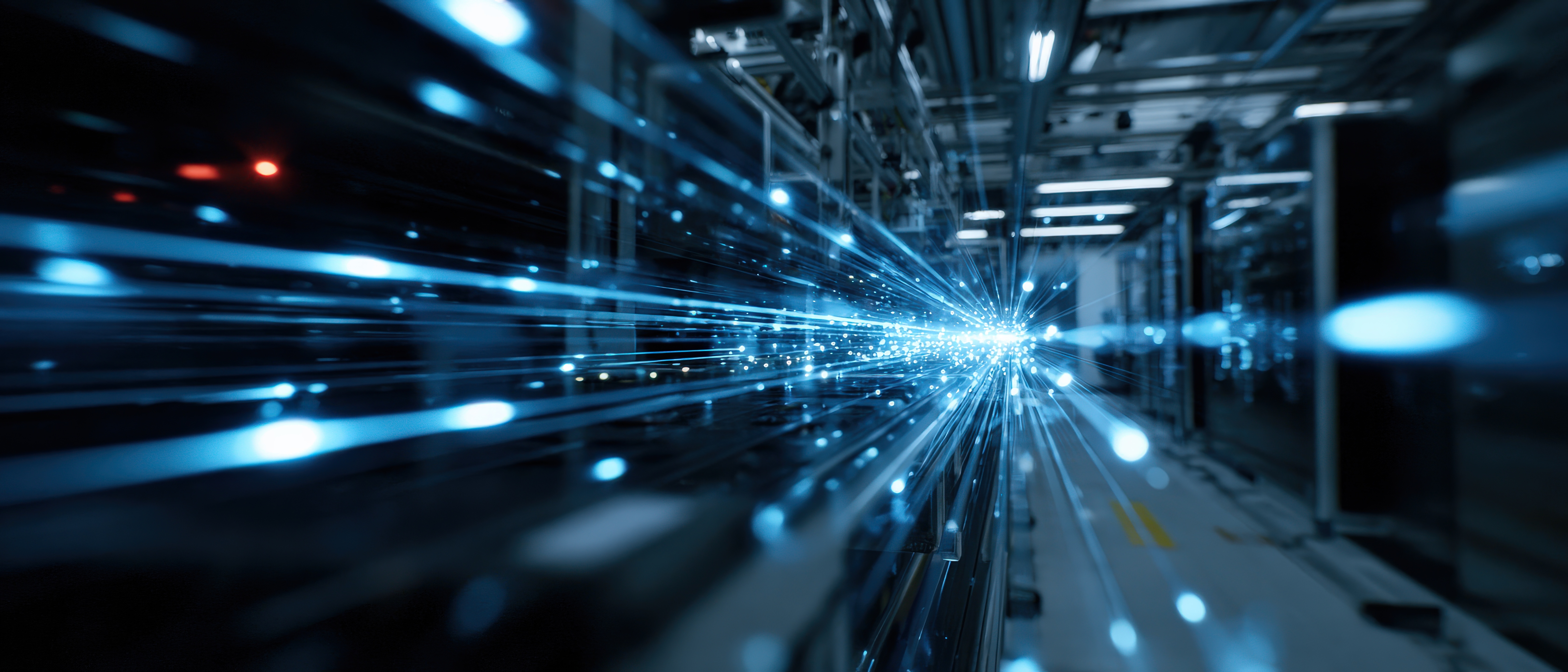 Blurry, perspective view of a server aisle with glowing blue and white light trails shooting toward the distance.