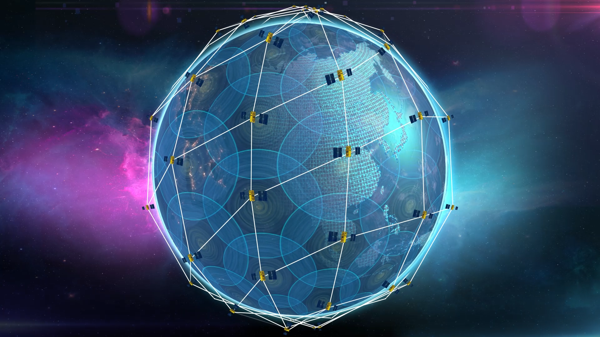 A digital view of Earth surrounded by orbiting satellites connected in a glowing communication grid.