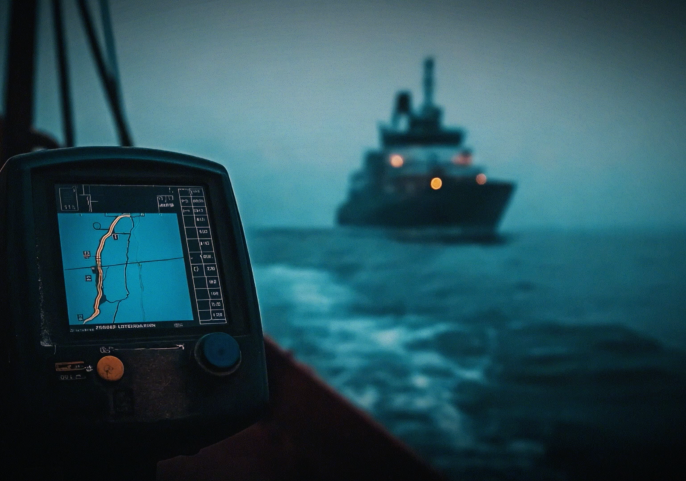 A marine navigation screen showing a digital map on a small boat with a large ship ahead in the misty ocean at dawn.